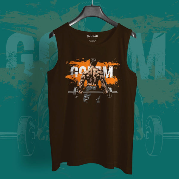 Juxar mens black tank top with graphic of muscular man lifting barbell and text Gotham girls impress sando