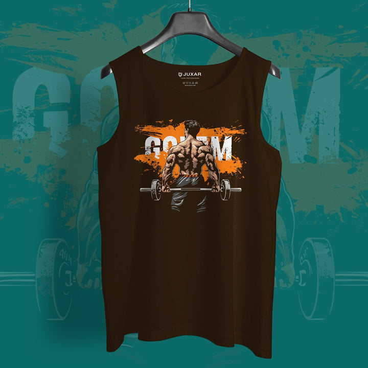 Juxar mens black tank top with graphic of muscular man lifting barbell and text Gotham girls impress sando