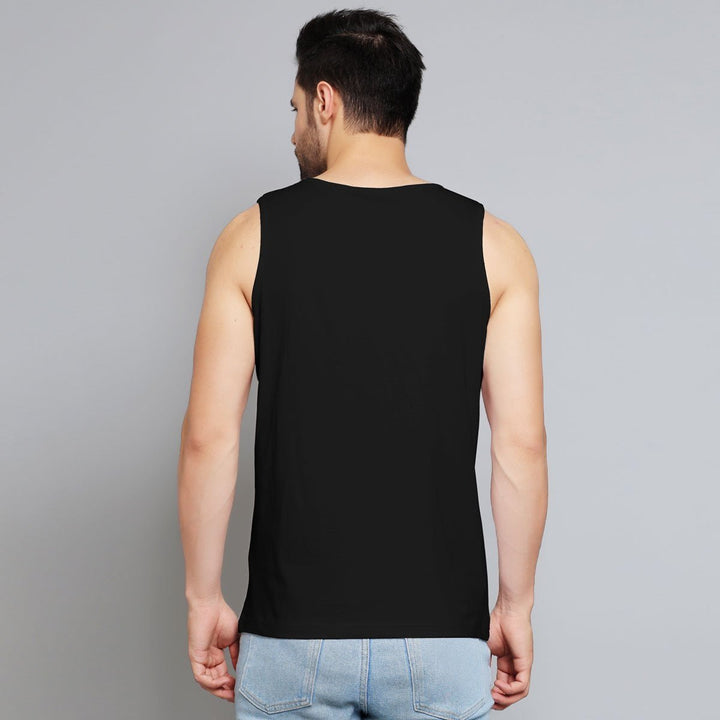 Back view of man wearing black sleeveless top showing no gold tiger print sando design