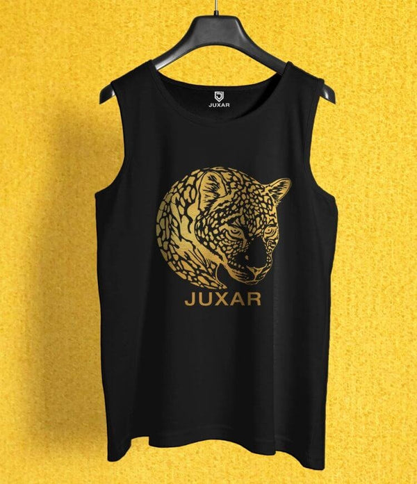 Juxar mens black sleeveless shirt with gold tiger print sando design on front
