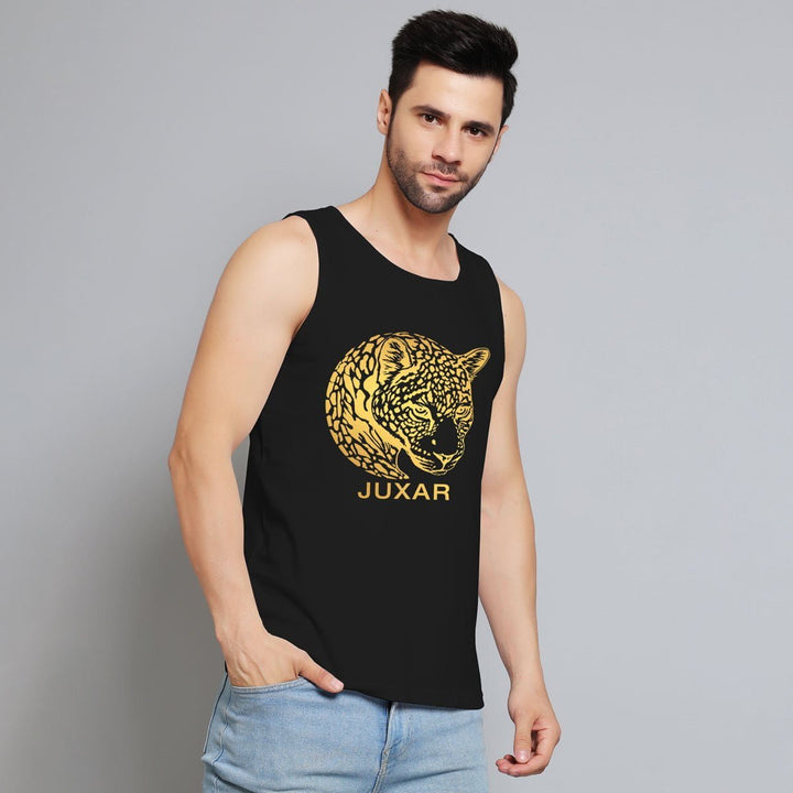 Juxar mens black sleeveless shirt with gold tiger print sando design front