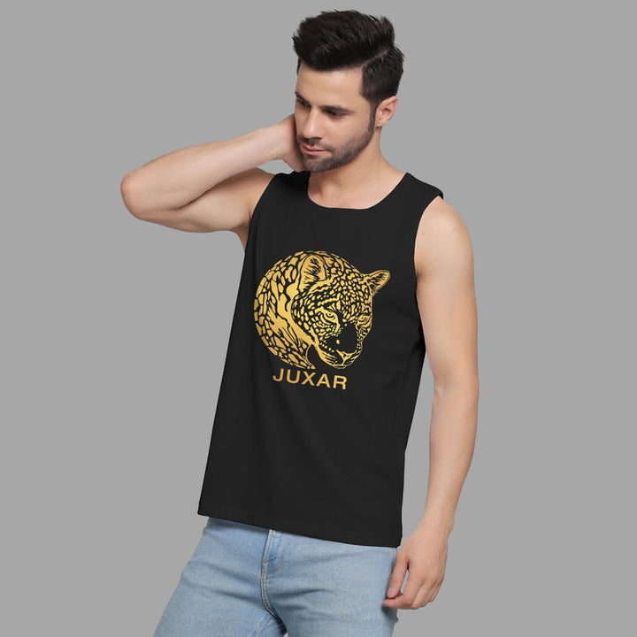 Juxar mens black tank top with gold tiger print sando design, styled with light blue jeans
