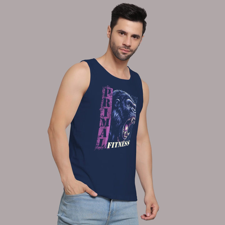 Juxar men's navy gorilla graphic gym sando with primal fitness design sleeveless tank