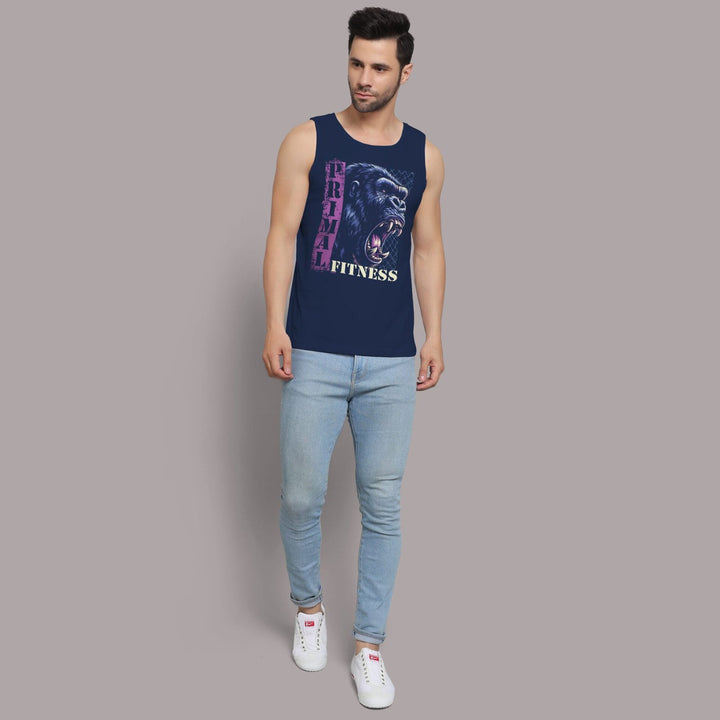 Juxar mens navy gorilla graphic gym sando tank top worn with light blue jeans and white sneakers