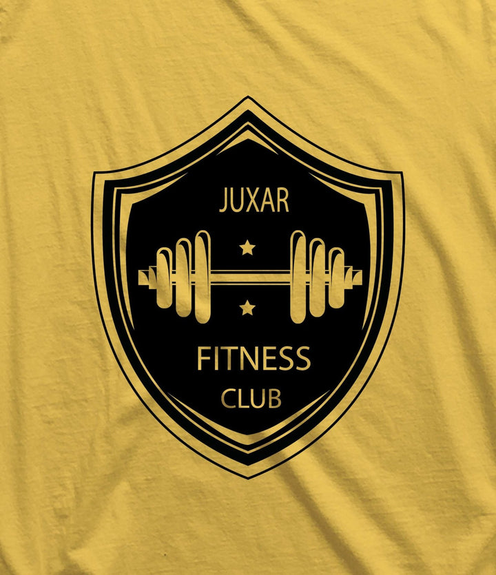 Juxar men's graffiti sando in yellow with black fitness club logo and barbell design