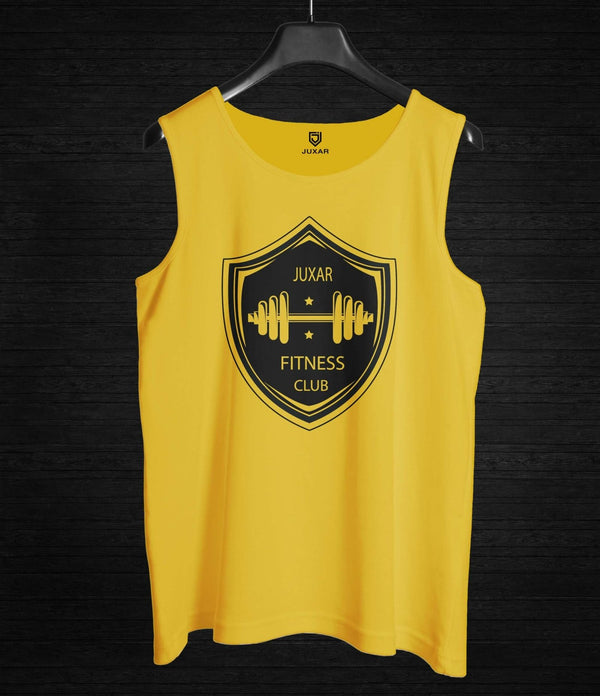 Juxar men's yellow graffiti sando with fitness club logo and barbell design