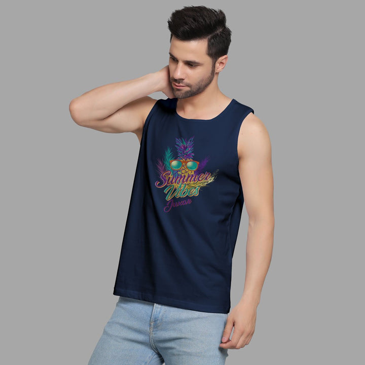 Juxar mens navy blue sleeveless graphic print sando with summer vibes design