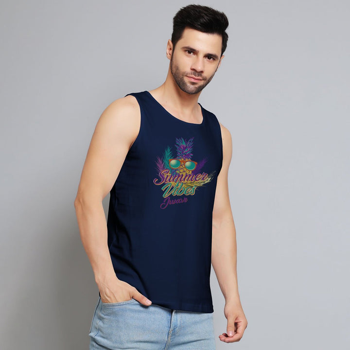 Juxar mens navy blue graphic print sando with summer vibes design and tropical elements