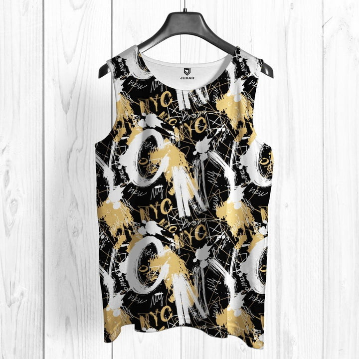 Juxar mens graphic printed sando in black with white and gold abstract NYC design