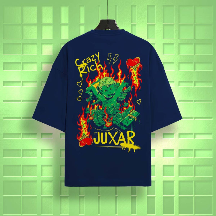 Juxar oversized graphic streetwear t-shirt in navy with bold fiery cartoon design and Crazy Rich text