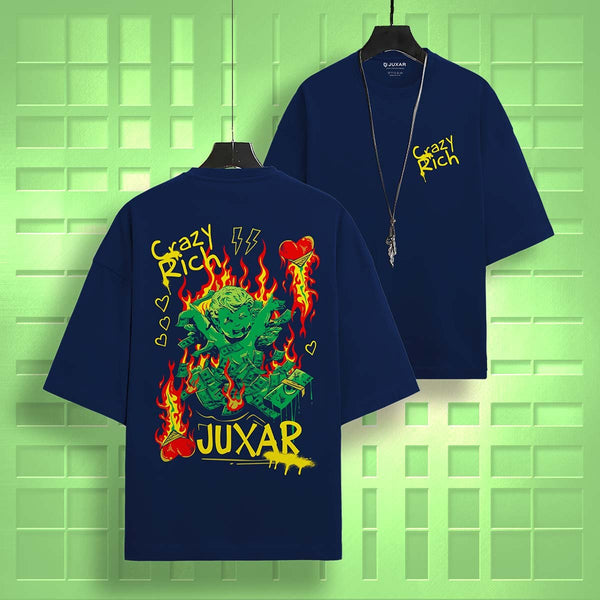 Juxar oversized graphic streetwear t-shirt in navy with bold Crazy Rich flame and money design