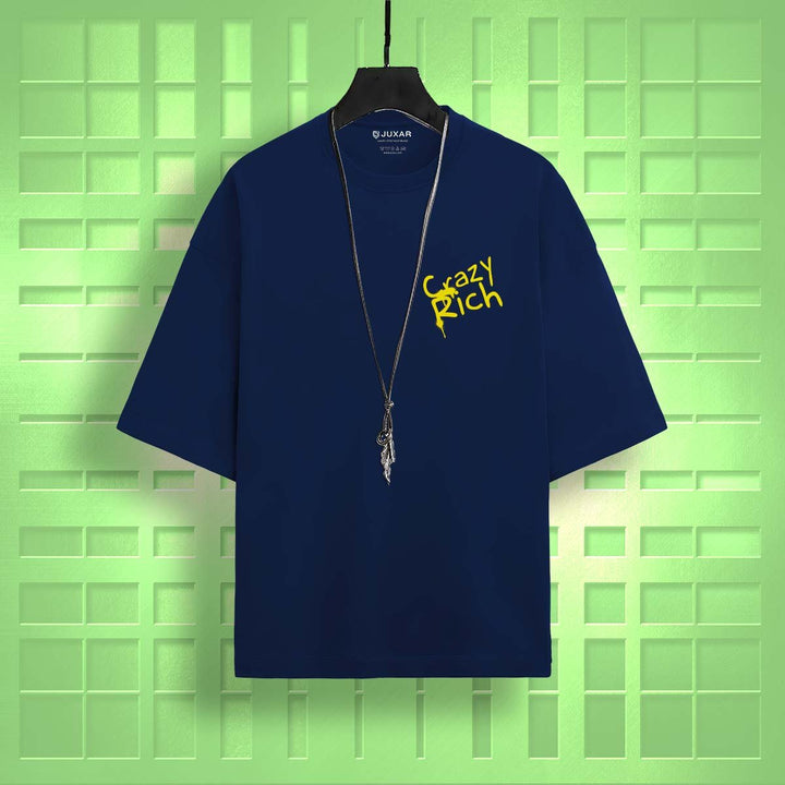 Juxar oversized navy graphic streetwear t-shirt with yellow Crazy Rich text and necklace accessory