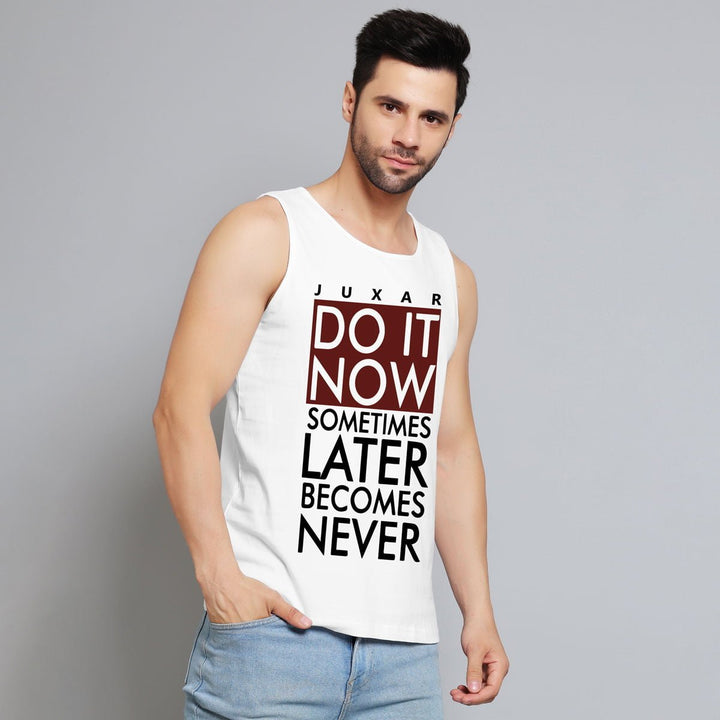 Juxar men's white sleeveless tank top with motivational text for gym boys clothing