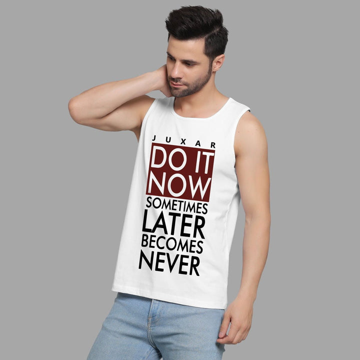 Juxar mens white sleeveless shirt with motivational text for gym boys clothing