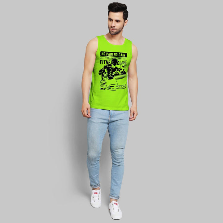 Juxar men's gym core aesthetic sando in bright green with fitness graphic and light blue jeans
