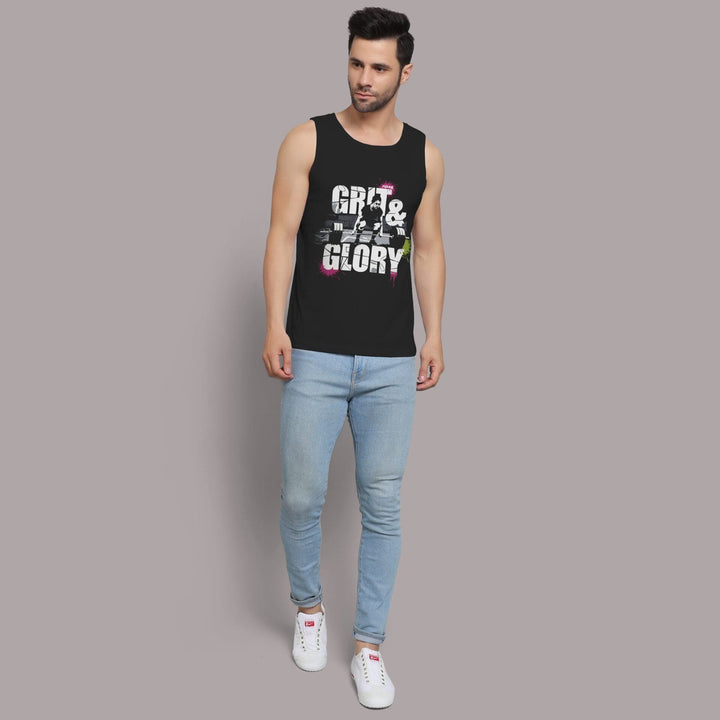 Juxar mens black gym sando with grit and glory print worn with light blue jeans and white sneakers