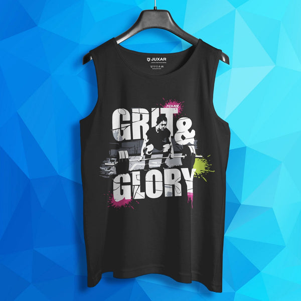 Juxar men's black gym sando with Grit and Glory graphic design on front