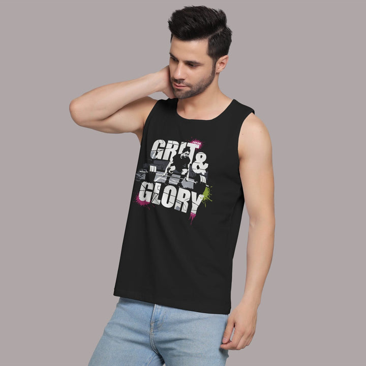 Juxar men's black gym sando with grit and glory graphic print and sleeveless design