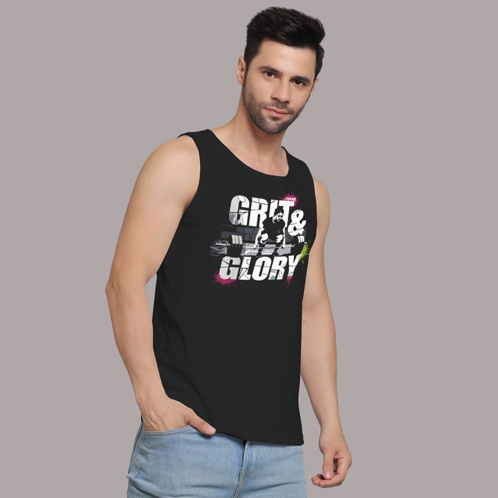 Juxar men's black gym sando with grit and glory graphic print worn with light blue jeans