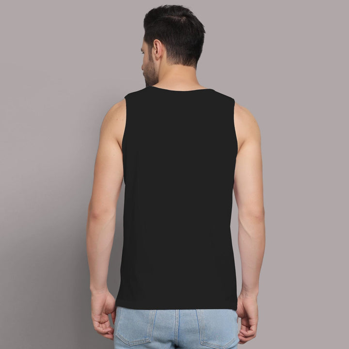 Juxar mens black gym sando sleeveless tank top back view with light blue jeans