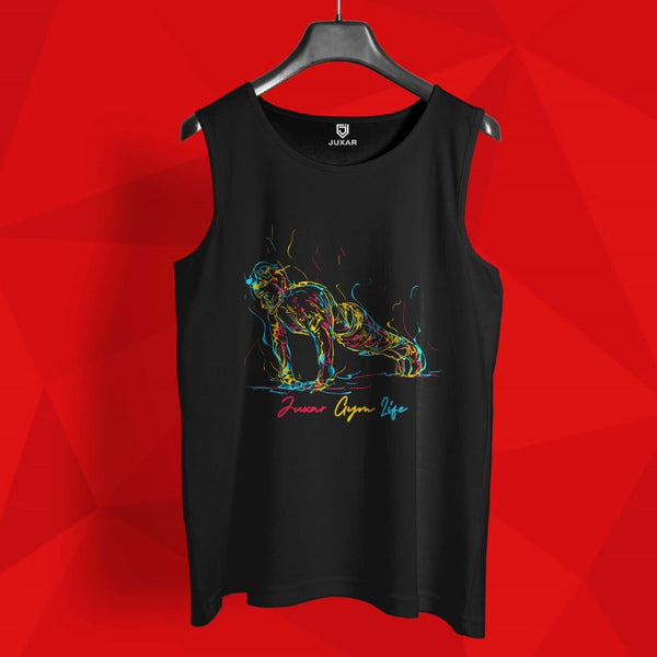 Juxar black gym sando for men with colorful muscle man graphic on front sleeveless tank top