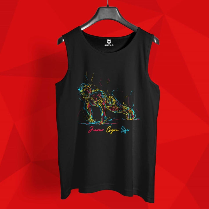 Juxar black gym sando for men with colorful muscle man graphic on front sleeveless tank top