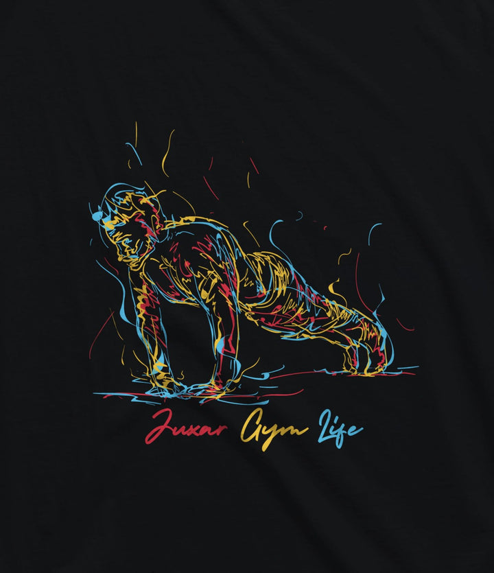Juxar gym sando for men with colorful sketch of a man doing push-ups on black fabric