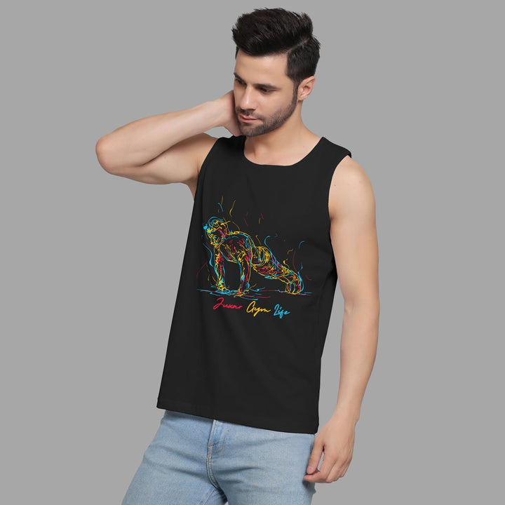 Juxar black gym sando for men with colorful graphic design and sleeveless muscle fit