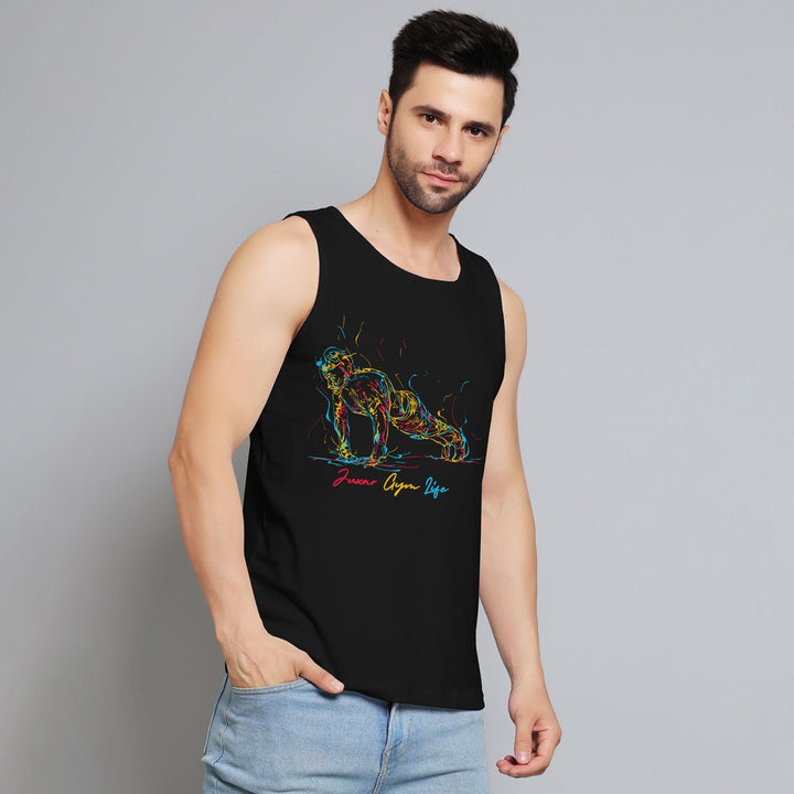 Juxar black gym sando for men with colorful push-up graphic design