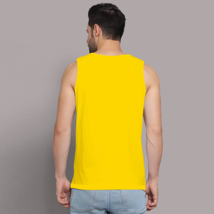 Juxar bright yellow gym sando for men shown from back with sleeveless design and casual fit