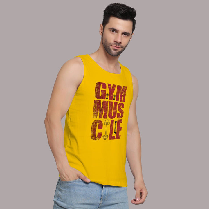 Juxar yellow gym sando for men with gym muscle text design worn by male model