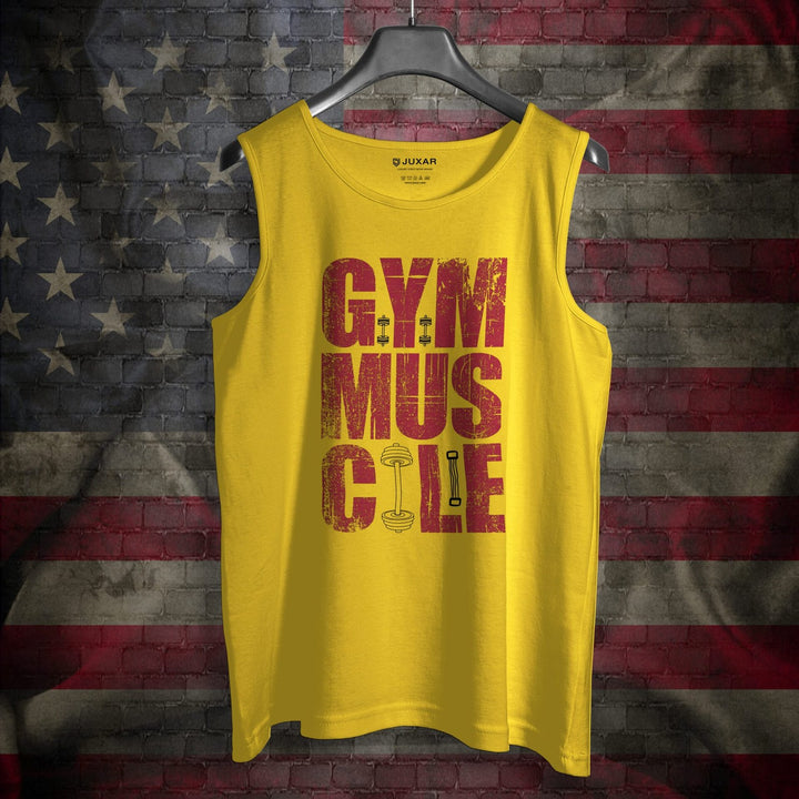 Juxar yellow gym sando for men with red gym muscle print on front against American flag background