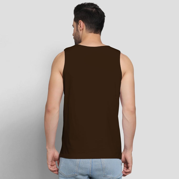 Juxar men's brown gym sando with quotes sleeveless tank top back view