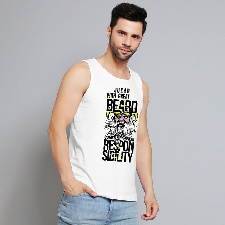 Juxar men's gym sando with quotes featuring a beard graphic and motivational text in white