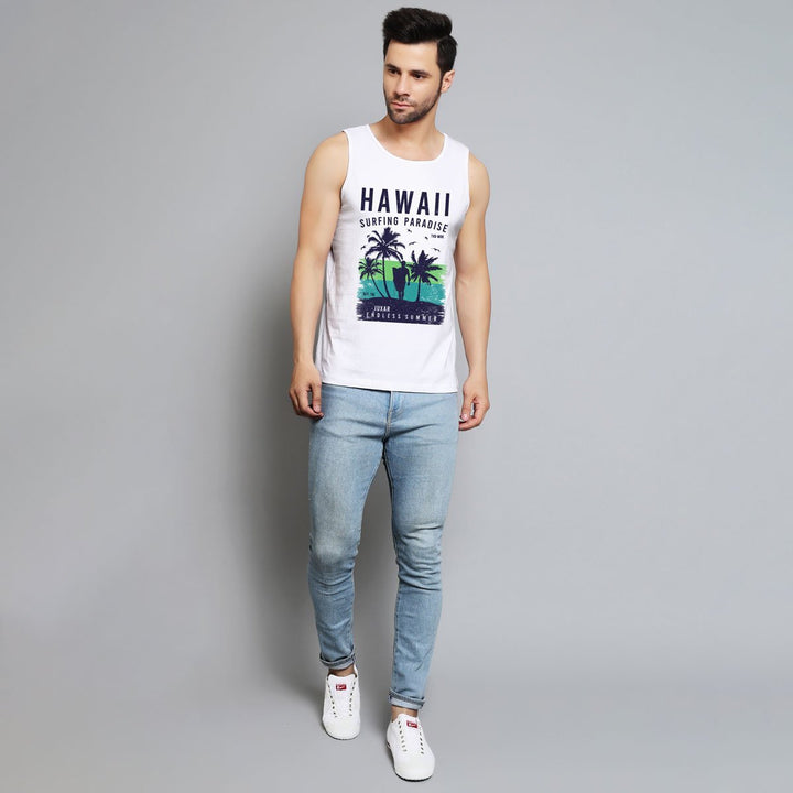 Juxar men's gym sando with quotes featuring Hawaii surfing paradise graphic in white
