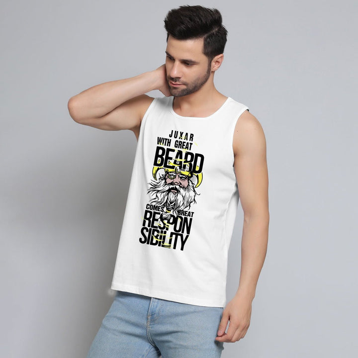 Juxar mens gym sando with quotes featuring a graphic beard design and motivational text