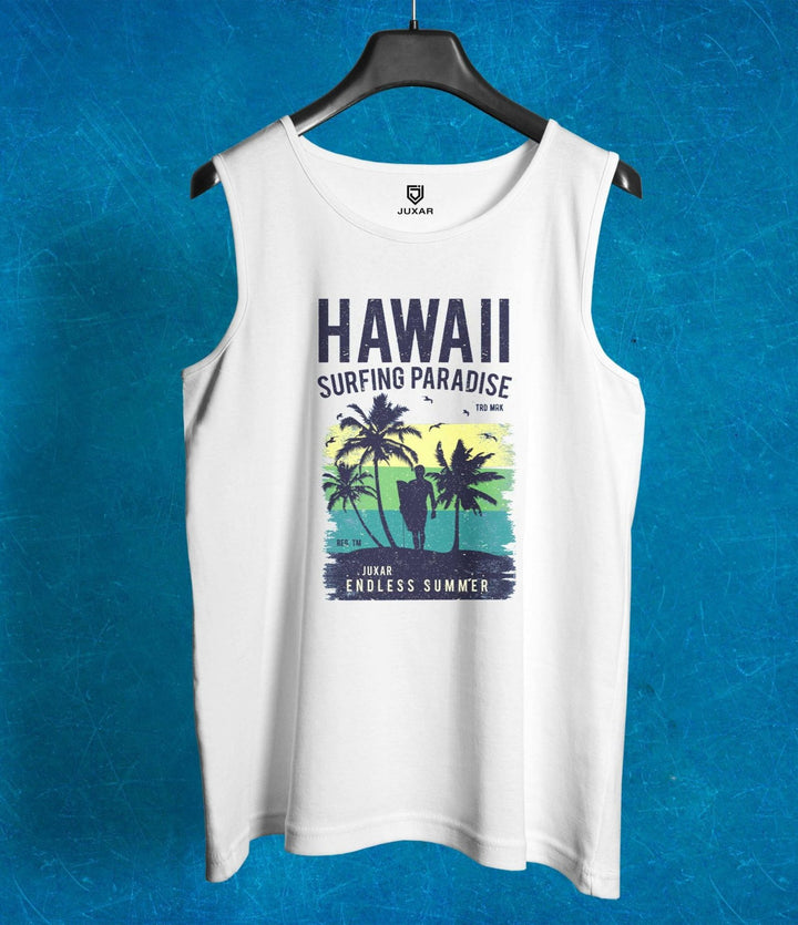 Juxar mens gym sando with quotes white tank top featuring Hawaii surfing paradise graphic