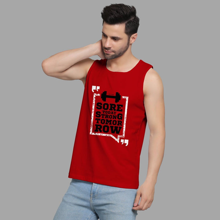 Juxar red gym stringer for men with motivational print sleeveless workout tank top