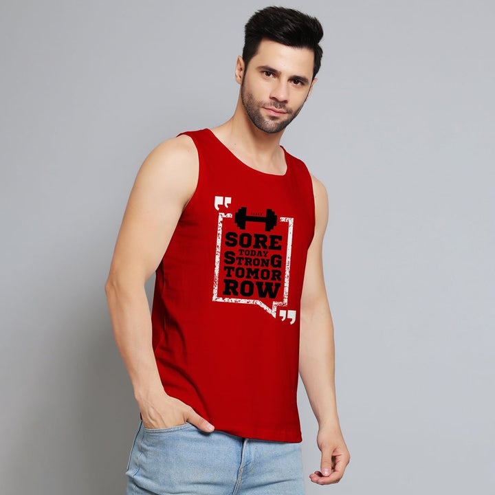 Juxar red gym stringer for men with motivational text design worn by male model