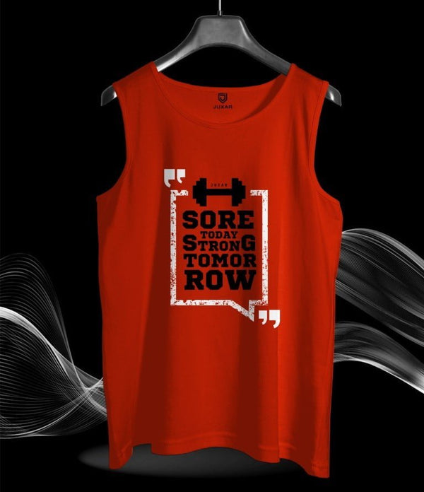 Juxar red gym stringer for men with Sore Today Strong Tomorrow print and barbell graphic