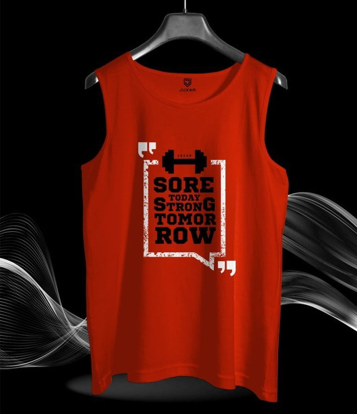 Juxar red gym stringer for men with Sore Today Strong Tomorrow print and barbell graphic