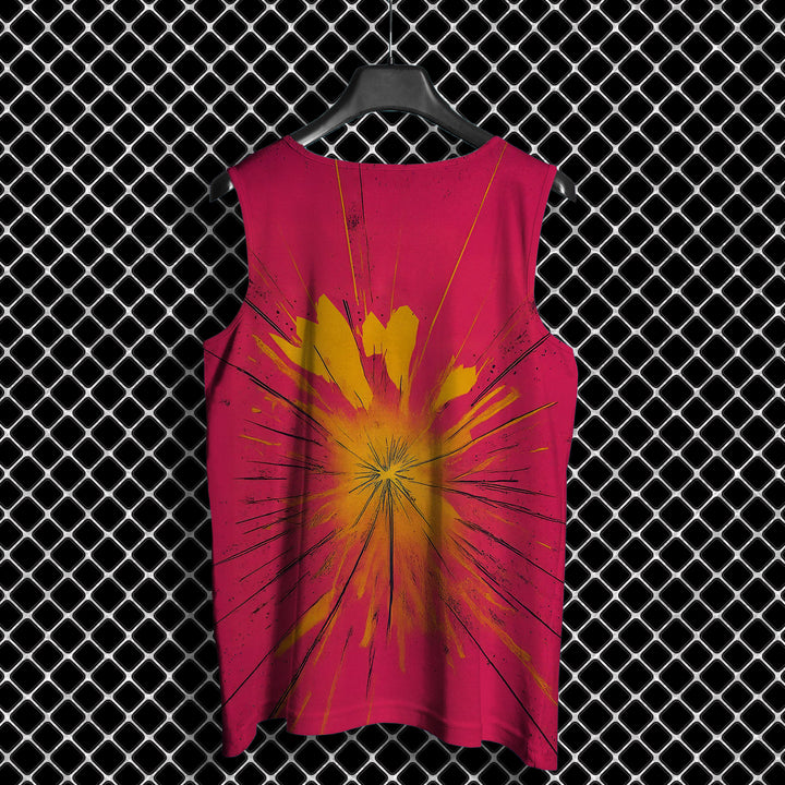 Juxar gym vest for men in red with yellow and black abstract burst design on a hanger