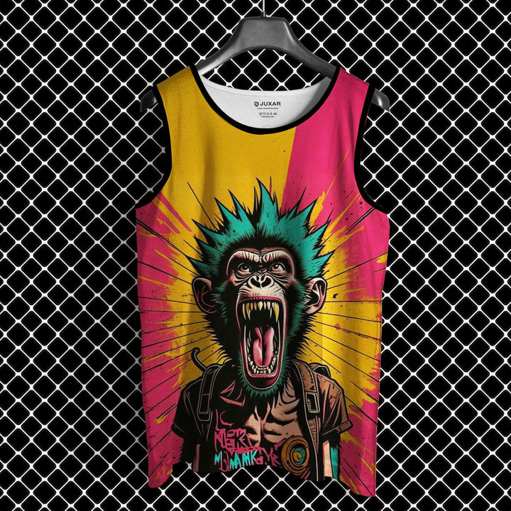 Juxar colorful gym vest for men with graphic roaring monkey design and vibrant yellow and pink background