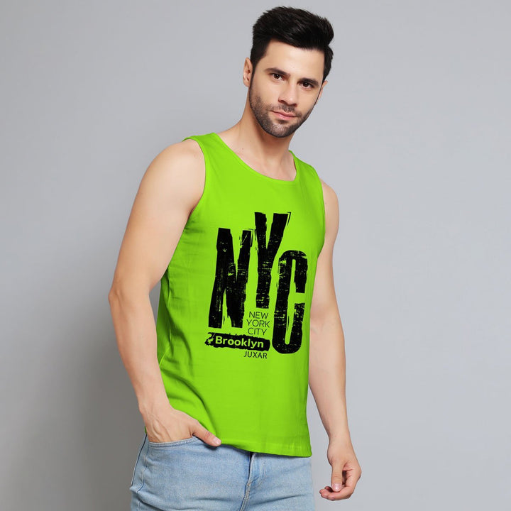 Juxar bright green gym wear sando for adult with NYC Brooklyn print worn by male model