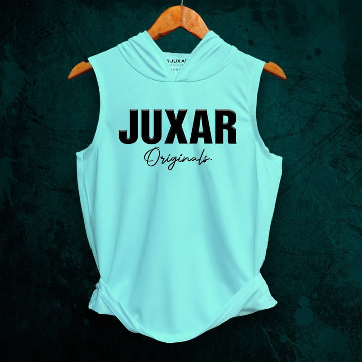 Juxar mens gym wear sleeveless light blue hoodie with black logo on front