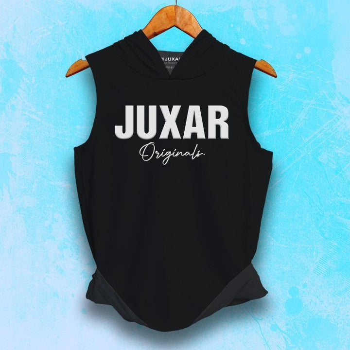 Juxar mens black gym wear sleeveless hoodie with white logo on front hanging on wooden hanger