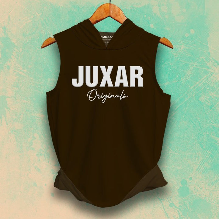 Juxar men's black gym wear sleeveless hooded tank top with bold white logo on front