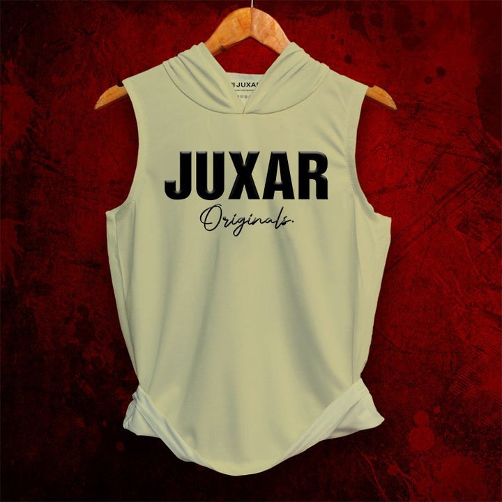 Juxar men's gym wear sleeveless hoodie in light gray with black logo on chest