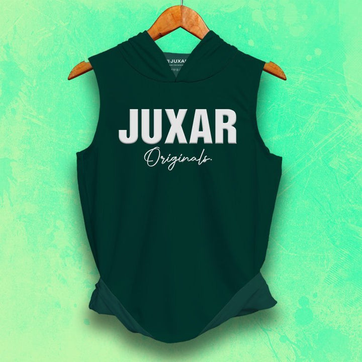 Juxar men's gym wear sleeveless hoodie in dark green with white logo print hanging on wooden hanger