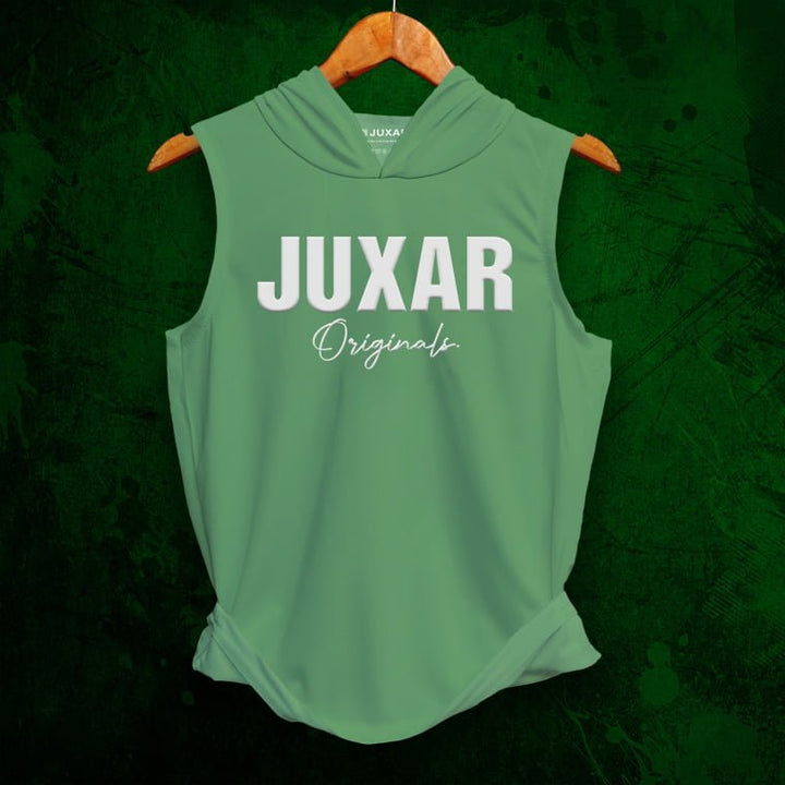 Juxar men's green gym wear sleeveless hooded tank top with logo print